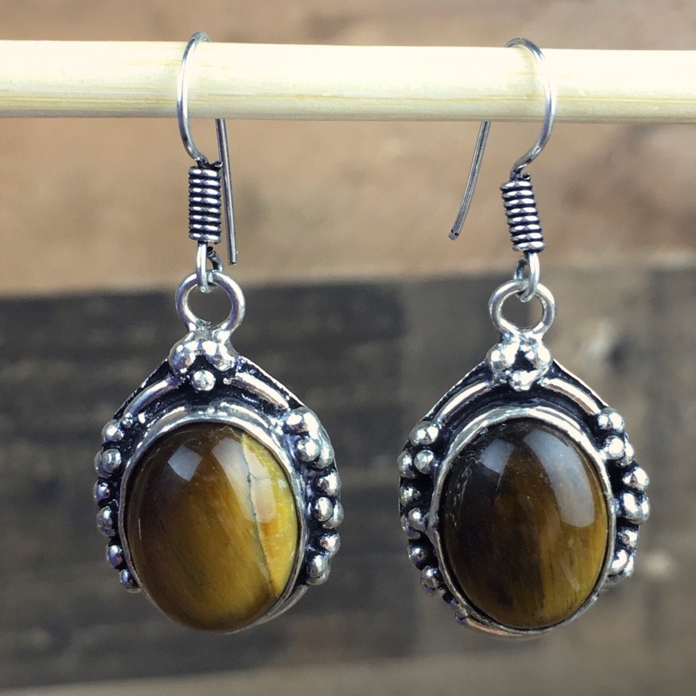 New Tiger’s Eye Gemstone Silver Hook Dangle Earrings